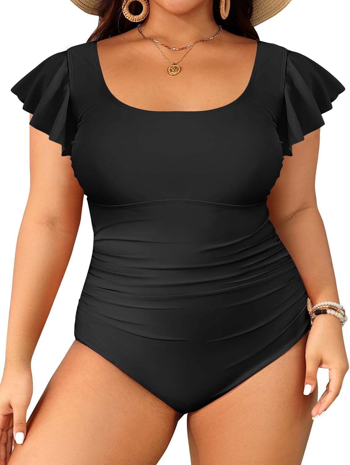 Plus Size One Piece Swimsuit - Women Tummy Control Bathing Suit Ruffle Vintage Swimwear with Sleeves